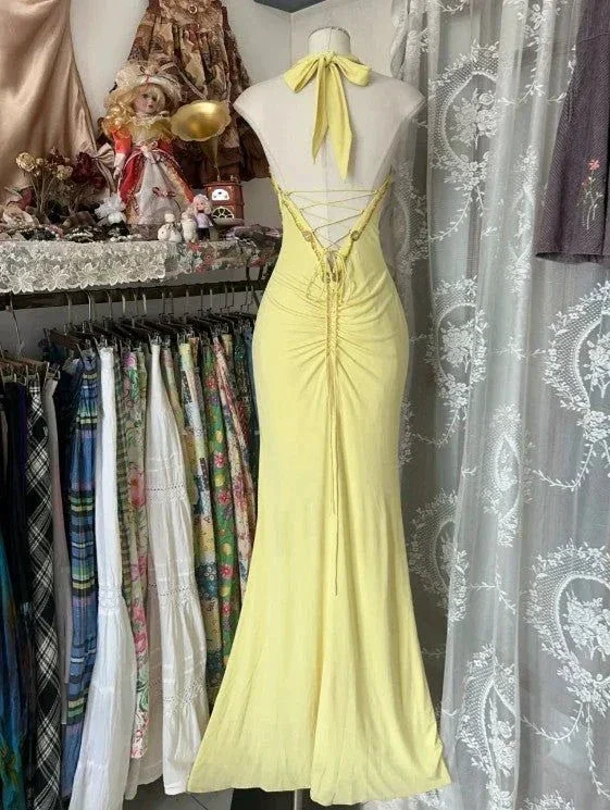 Elegant Yellow Mermaid Halter Neck Sequin Diamond Long Prom Dress Backless Slit Evening Dress Y8554 - Image 5