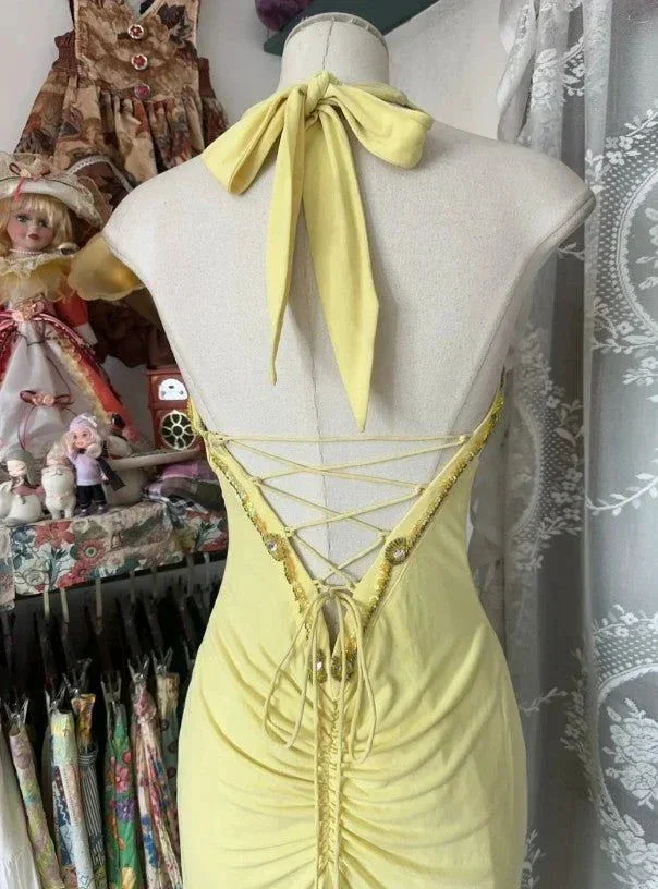 Elegant Yellow Mermaid Halter Neck Sequin Diamond Long Prom Dress Backless Slit Evening Dress Y8554 - Image 6