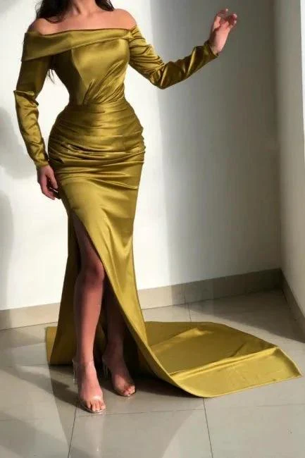 Elegant Yellow Off-the-shoulder Long-Sleeve Mermaid Long-Sleeve Prom Dresses - Image 2