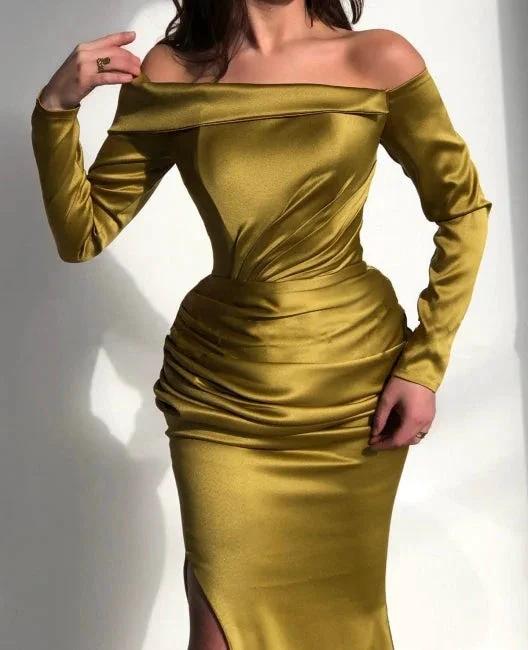 Elegant Yellow Off-the-shoulder Long-Sleeve Mermaid Long-Sleeve Prom Dresses - Image 3