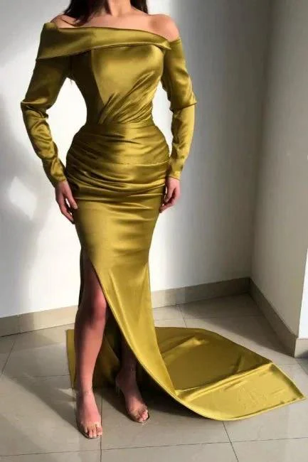 Elegant Yellow Off-the-shoulder Long-Sleeve Mermaid Long-Sleeve Prom Dresses - Image 4