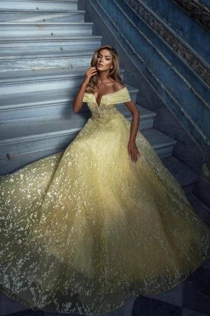 Elegant Yellow Off-the-shoulder Sleeveless A-Line Floor-Length Tulle Prom Dresses - Image 2