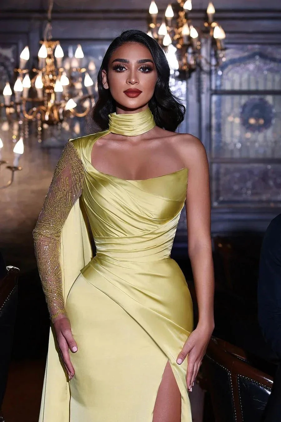 Elegant Yellow One Shoulder Long Sleeve Mermaid Prom Dress With Slit - Image 2