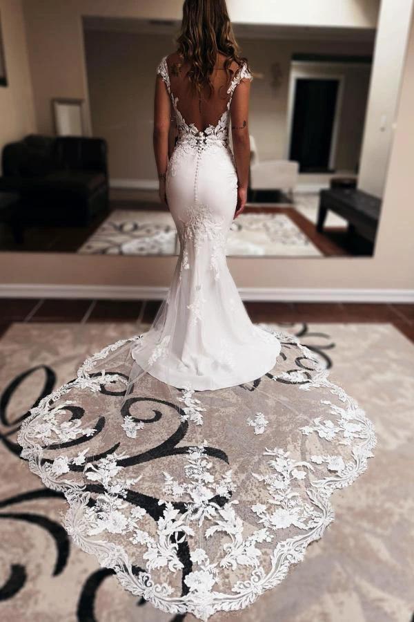 Elegent Long Mermaid Sweetheart Sleeveless Chapel Train Backless Wedding Dress - Image 2