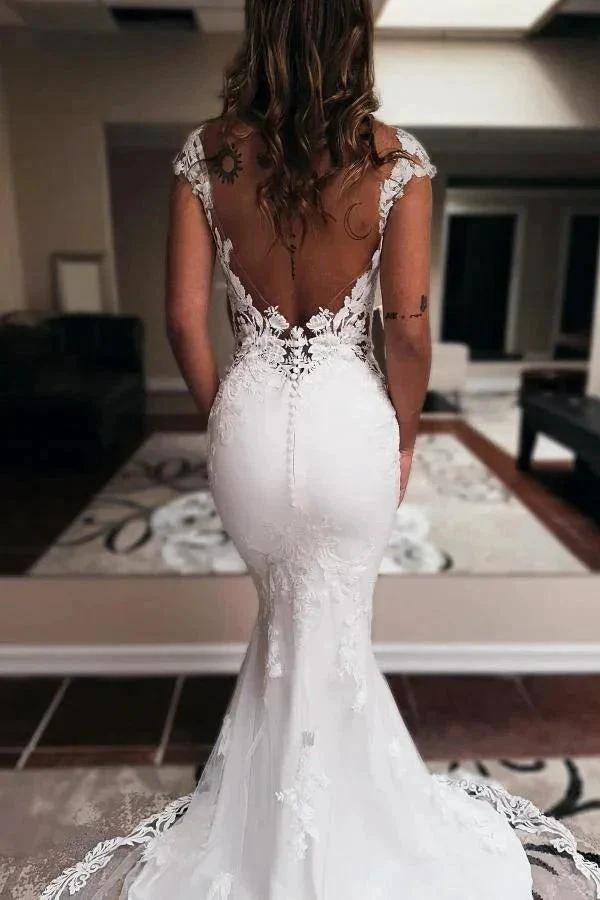 Elegent Long Mermaid Sweetheart Sleeveless Chapel Train Backless Wedding Dress - Image 3