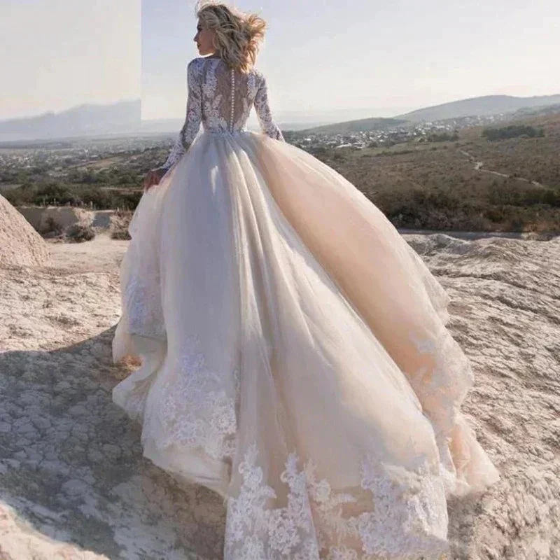 Elegent Travel Vestidos De Novia Appliques Vestido De Noiva Long Sleeves Wedding Dresses Lace Robe De Mariée - Image 2