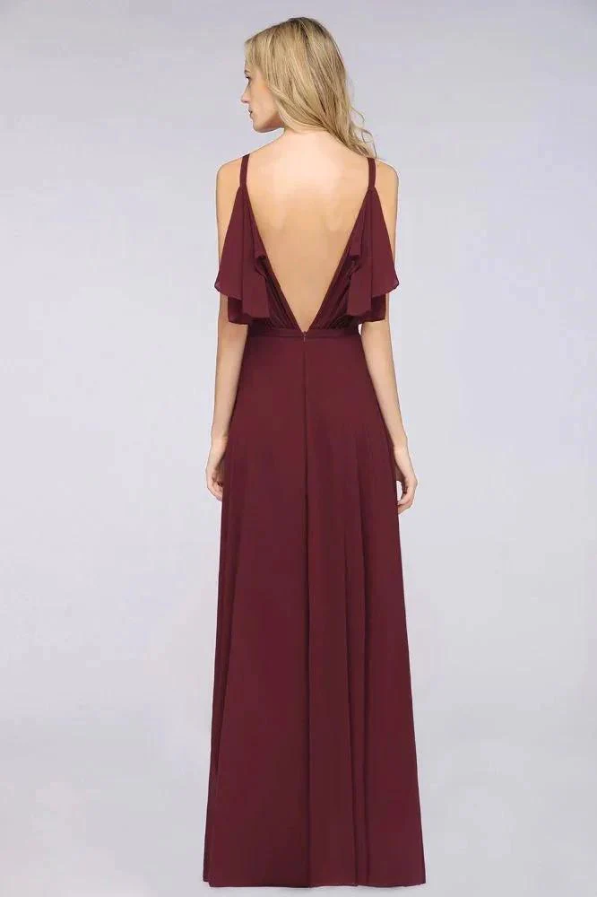 Elgant Ruffles Chiffon Floor-Length Bridesmaid Dress Aline Pearls Sleeveless Wedding Party Dress - Image 2