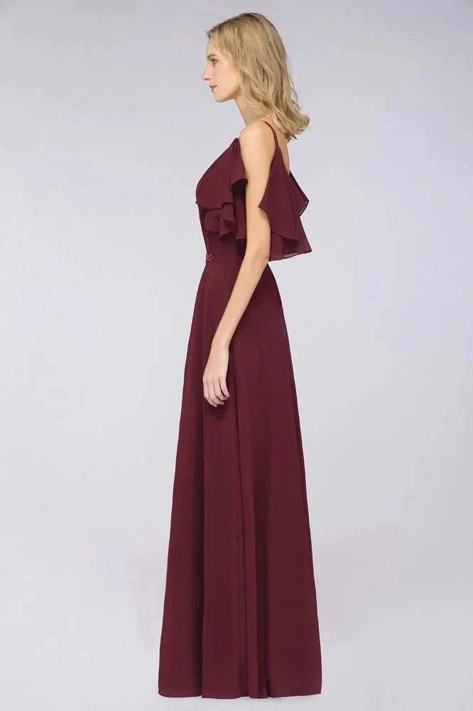 Elgant Ruffles Chiffon Floor-Length Bridesmaid Dress Aline Pearls Sleeveless Wedding Party Dress - Image 4