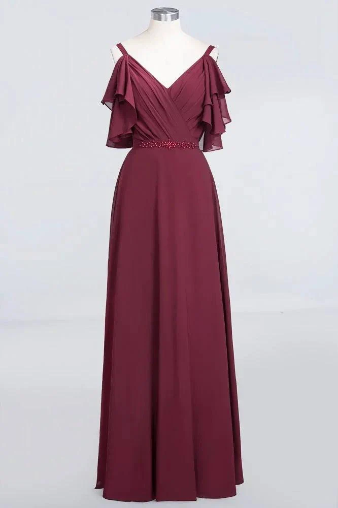 Elgant Ruffles Chiffon Floor-Length Bridesmaid Dress Aline Pearls Sleeveless Wedding Party Dress - Image 6