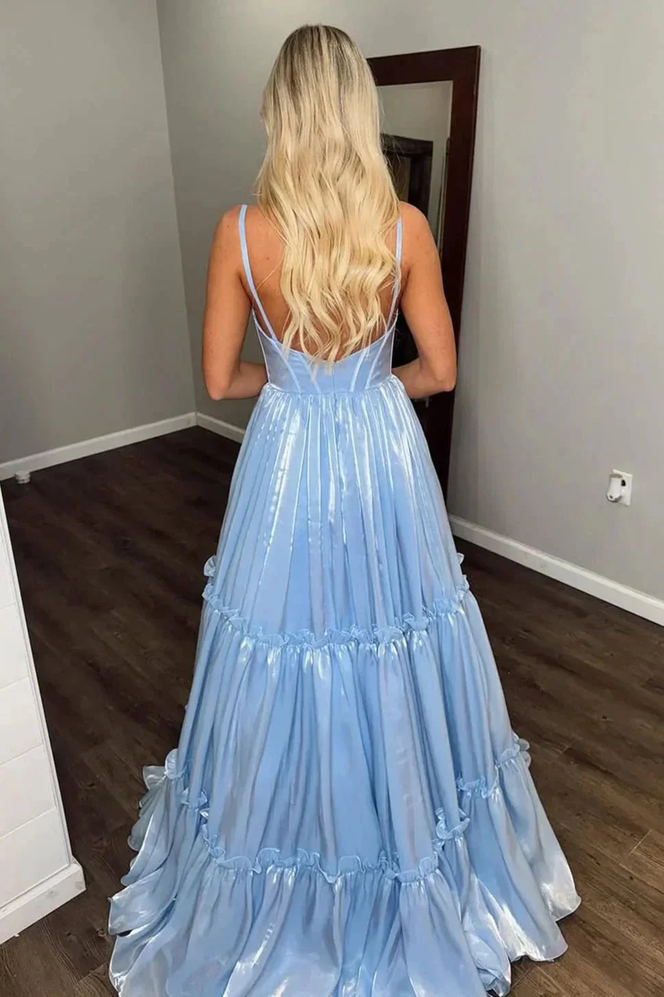 Elian | Cute A Line V Neck Light Blue Glitter Organza Satin Prom Dress - Image 2