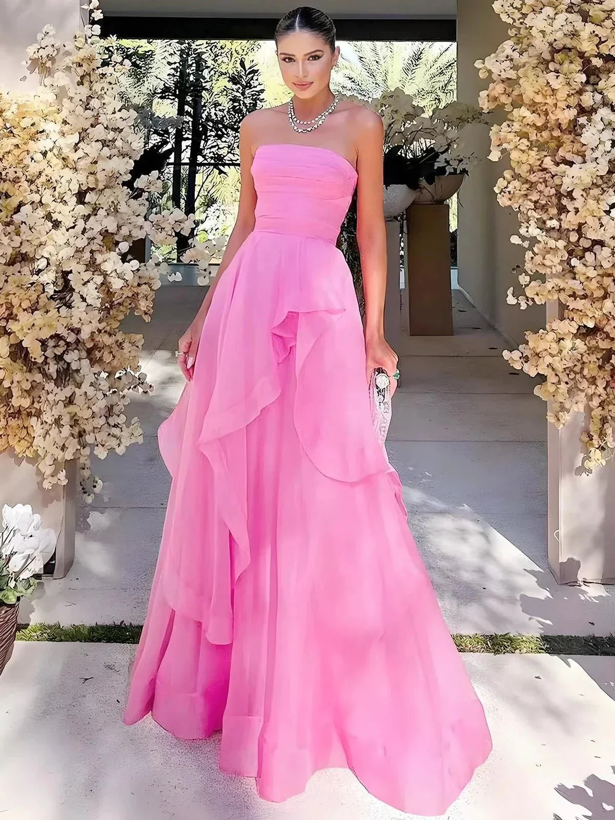 Elisa |Light Pink A Line Strapless Organza Prom Dress - Image 5