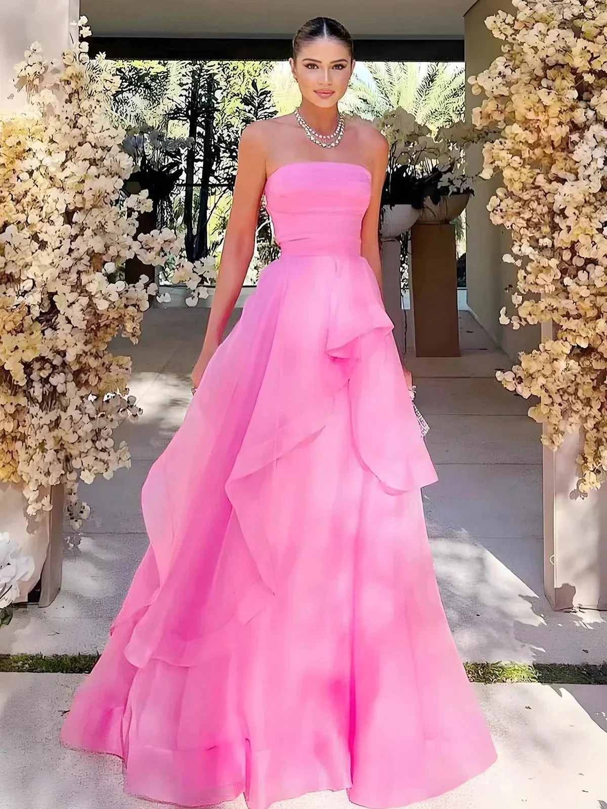 Elisa |Light Pink A Line Strapless Organza Prom Dress - Image 6