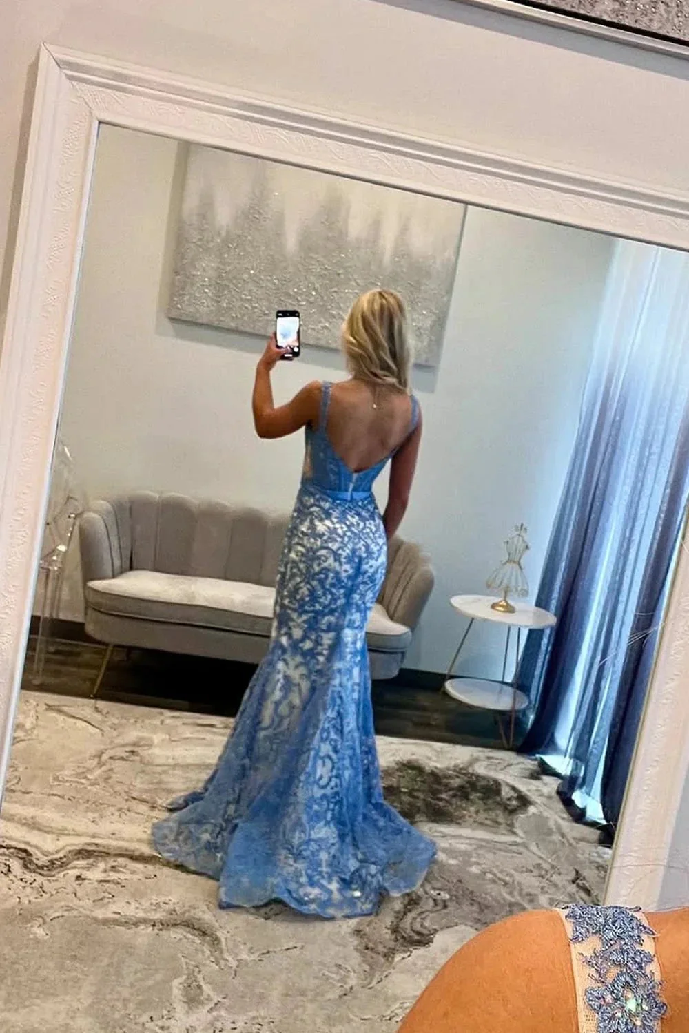 Elise | Gorgeous Mermaid Scoop Neck Blue Lace Prom Dress - Image 2