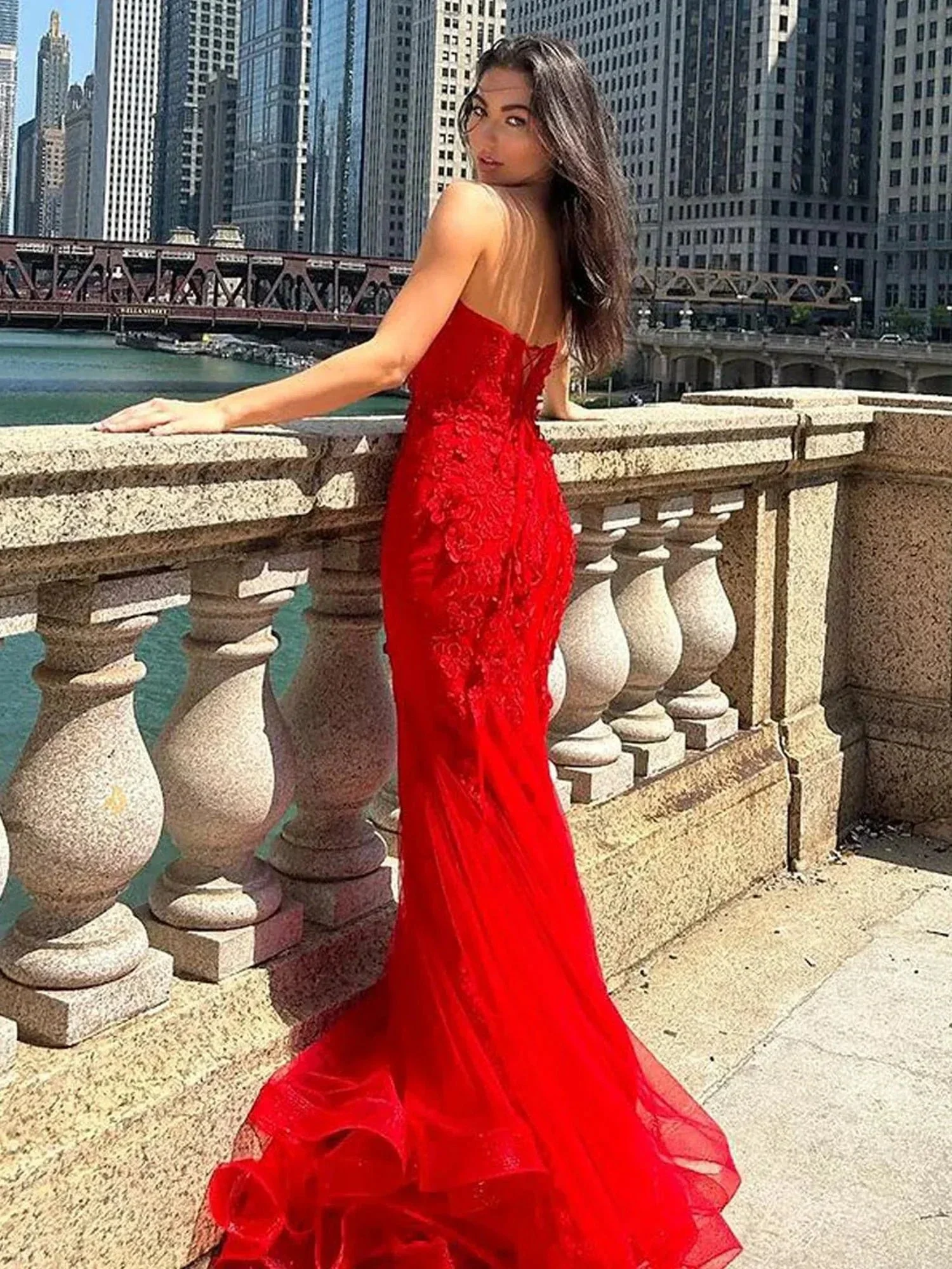 Ellorie | Mermaid Sweetheart Red Lace Long Prom Dresses - Image 3