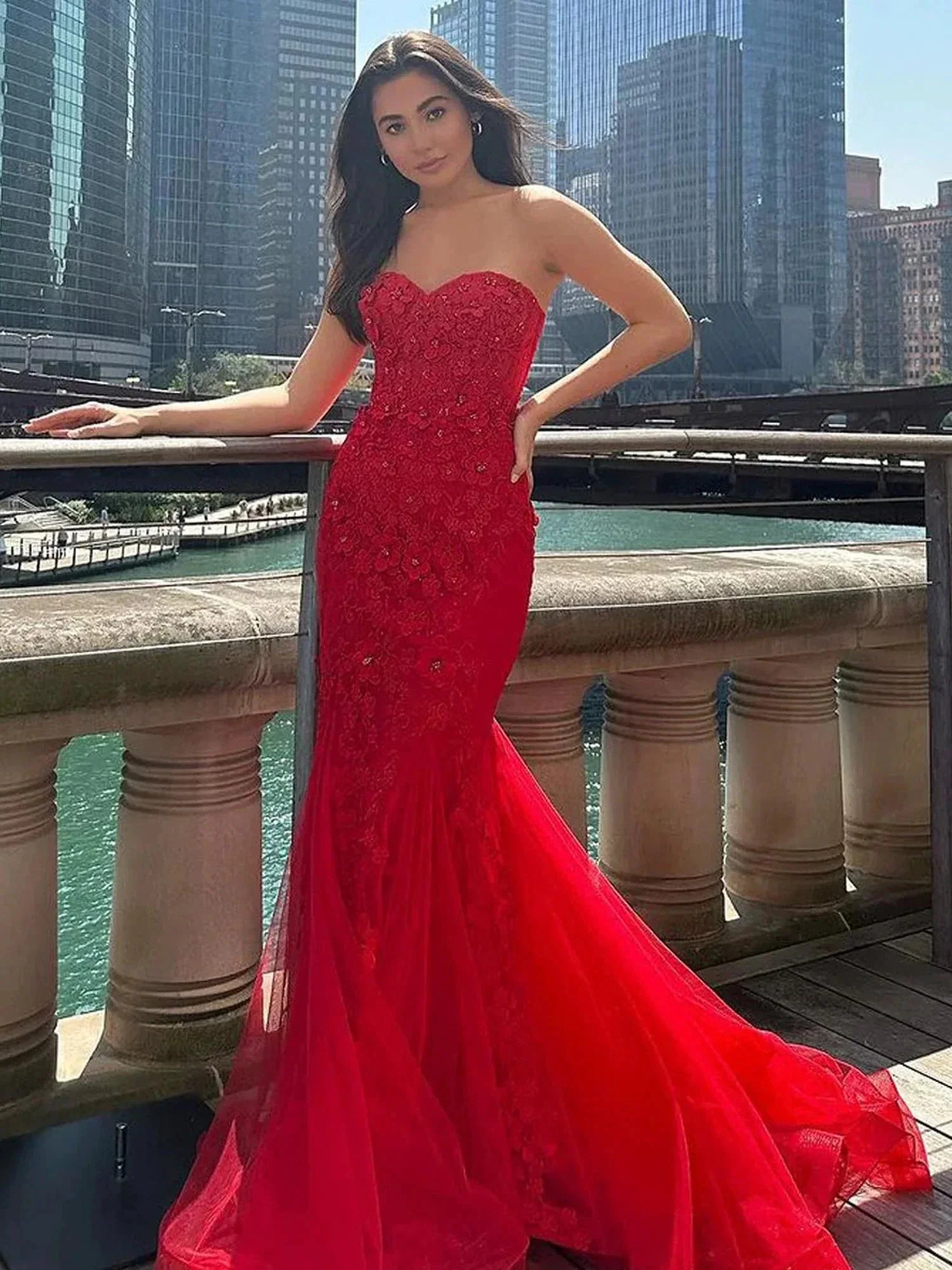 Ellorie | Mermaid Sweetheart Red Lace Long Prom Dresses - Image 4
