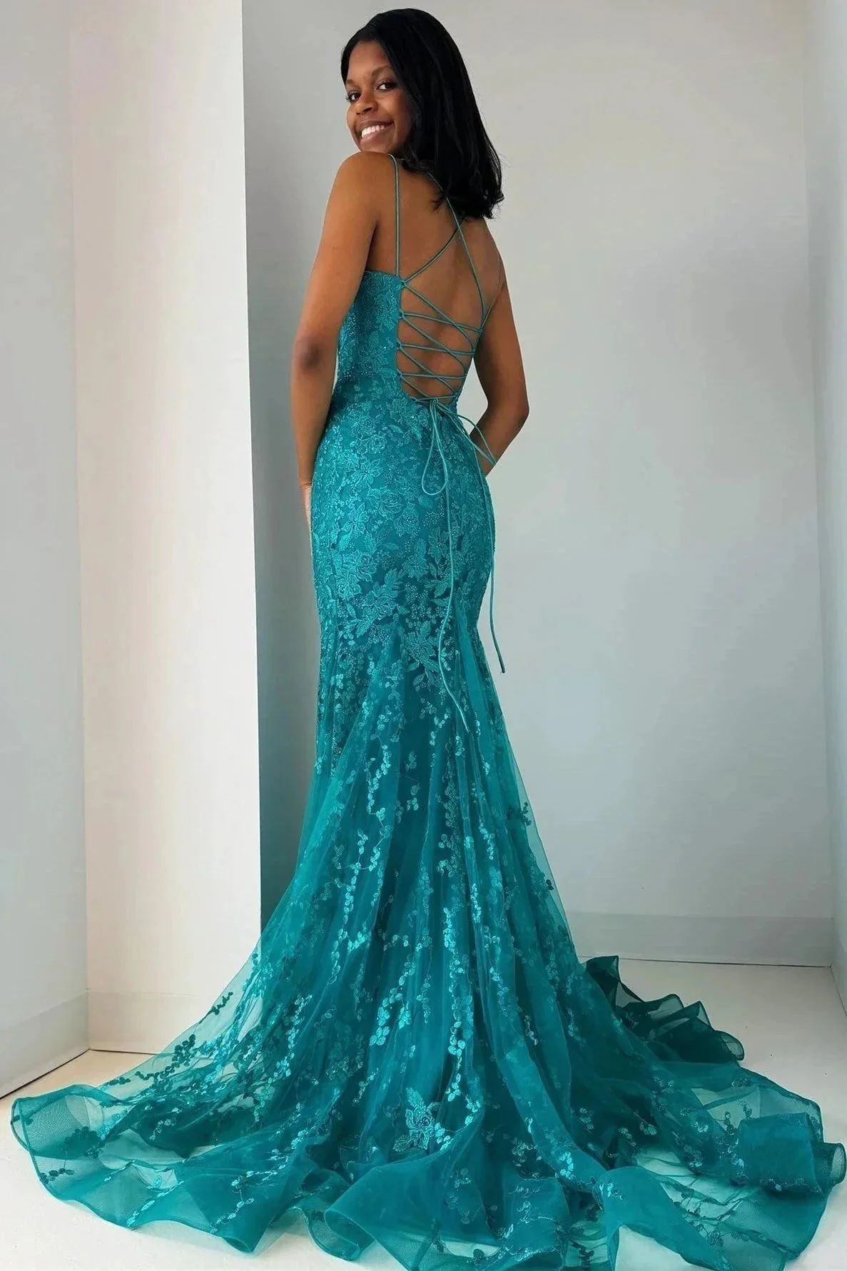 Elma | Turquoise Appliques Lace-Up Trumpet Long Prom Dress - Image 2