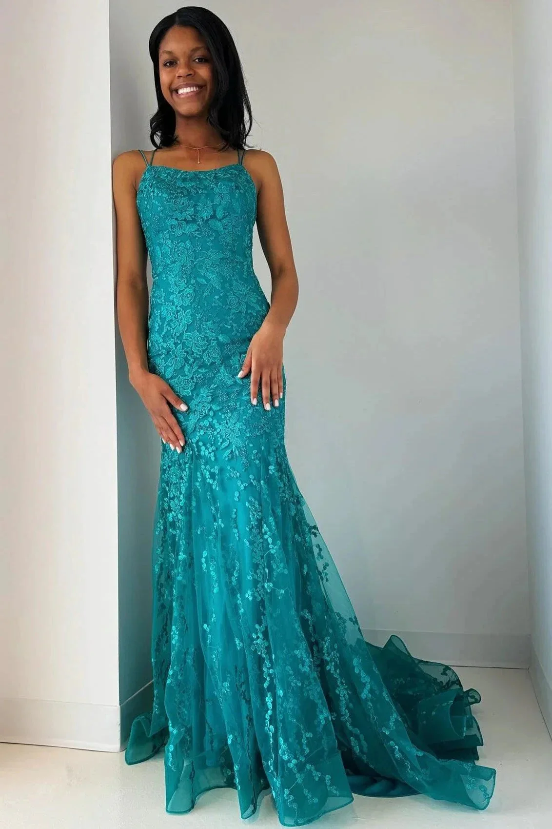 Elma | Turquoise Appliques Lace-Up Trumpet Long Prom Dress - Image 3