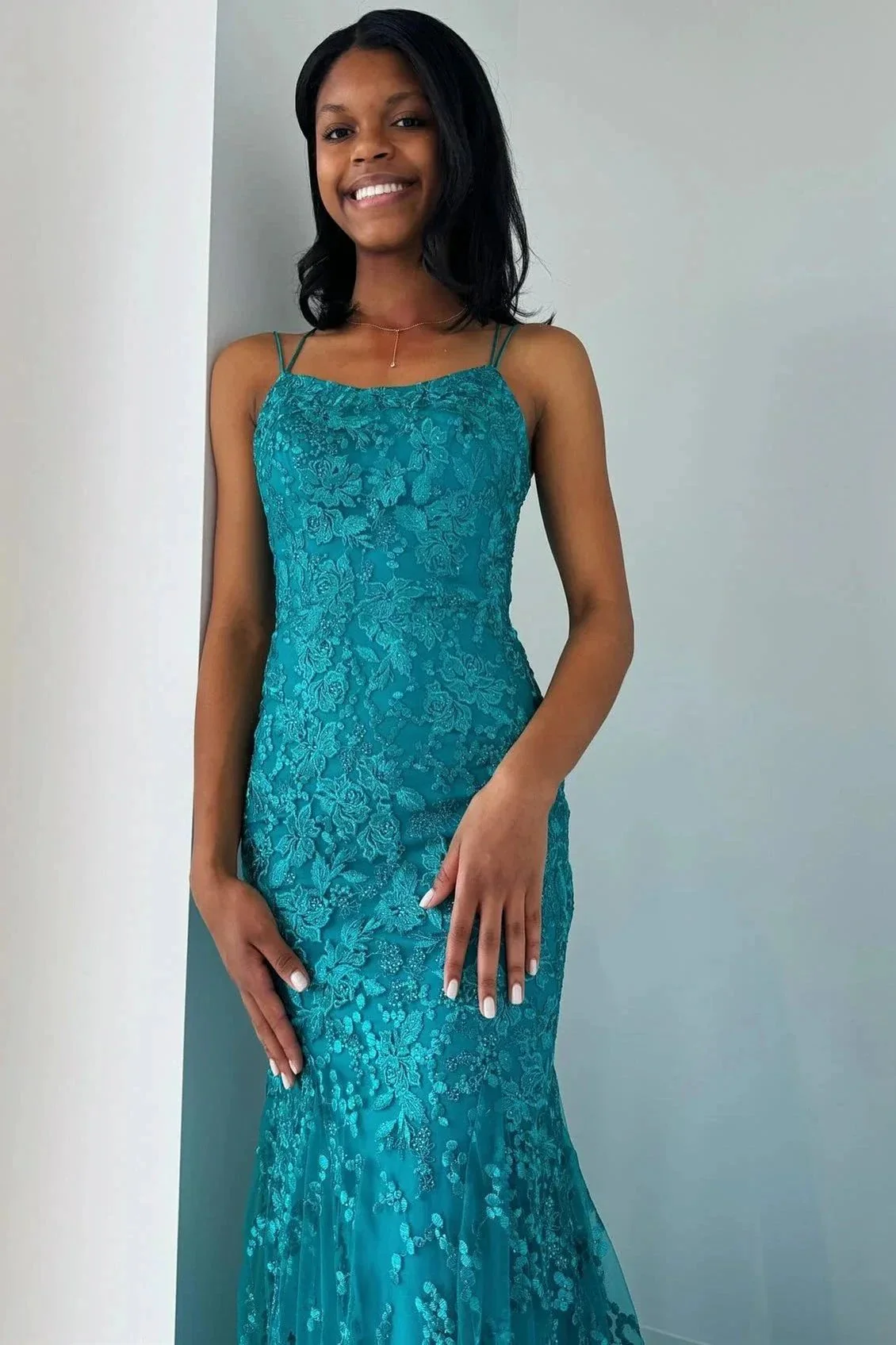 Elma | Turquoise Appliques Lace-Up Trumpet Long Prom Dress - Image 4