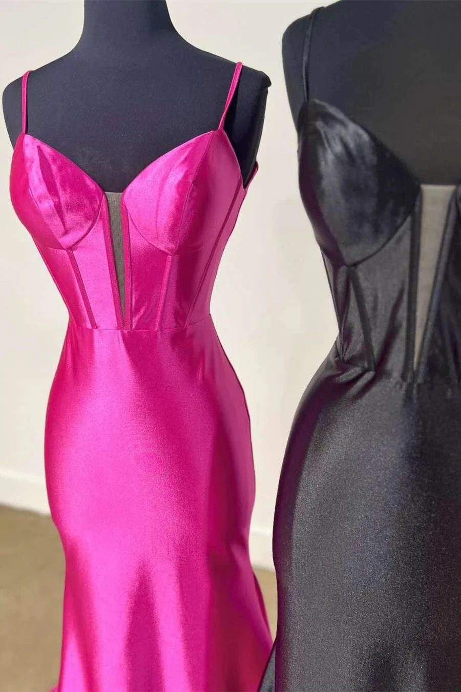 Elori | Plunge Neck Black Satin Mermaid Long Prom Dress - Image 3