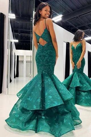 Elysian | Hunter Green V-Neck Lace Applique Layered Mermaid Prom Dress - Image 2