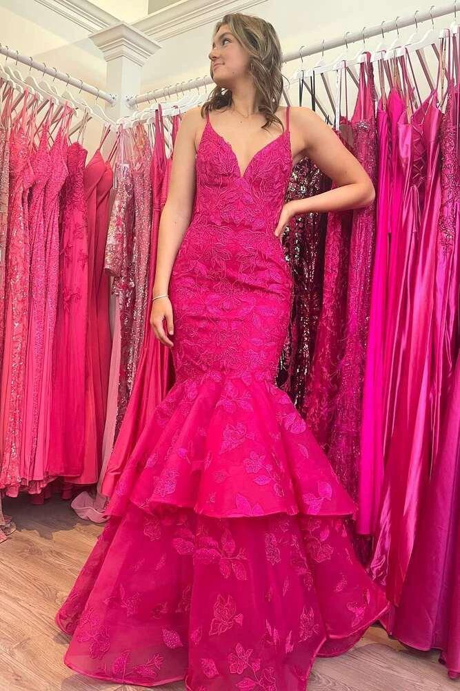 Elysian | Hunter Green V-Neck Lace Applique Layered Mermaid Prom Dress - Image 4