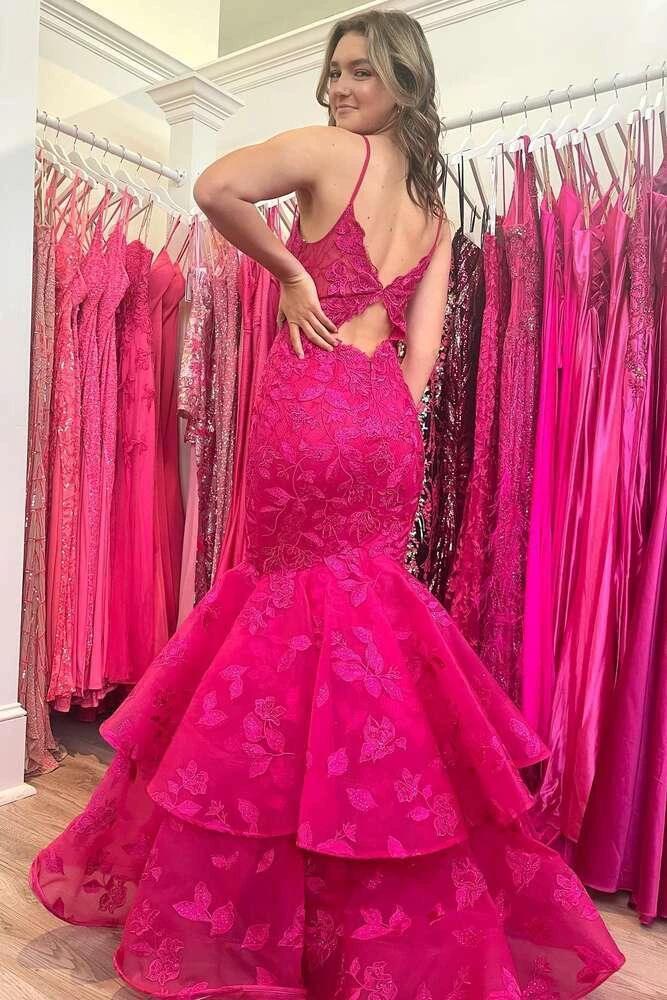 Elysian | Hunter Green V-Neck Lace Applique Layered Mermaid Prom Dress - Image 5