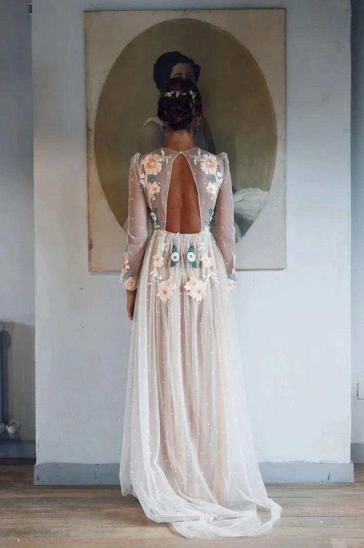 Embroidery A-line Chic Open Back Long Sleeve Sparkly Prom Dress  PSK001 - Image 2
