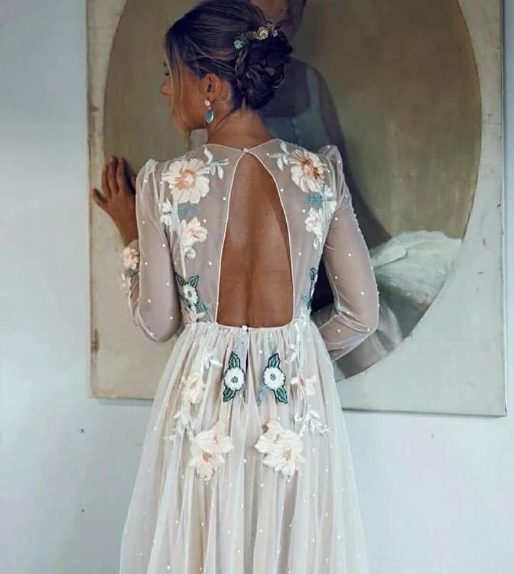 Embroidery A-line Chic Open Back Long Sleeve Sparkly Prom Dress  PSK001 - Image 4