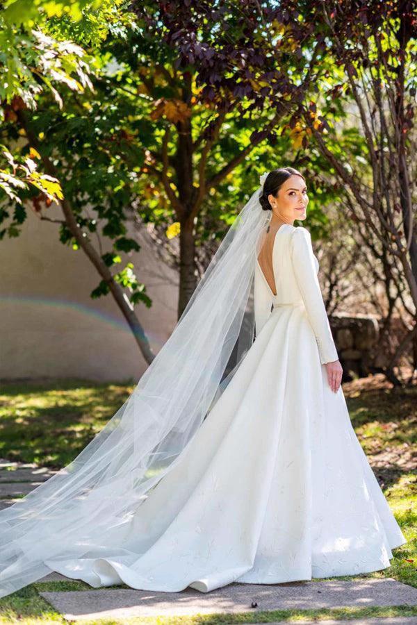 Embroidery A Line Ivory Satin Modest Long Sleeves Wedding Dresses WD623 - Image 2