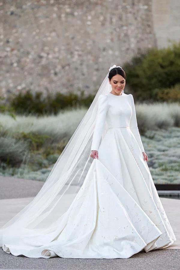 Embroidery A Line Ivory Satin Modest Long Sleeves Wedding Dresses WD623 - Image 3