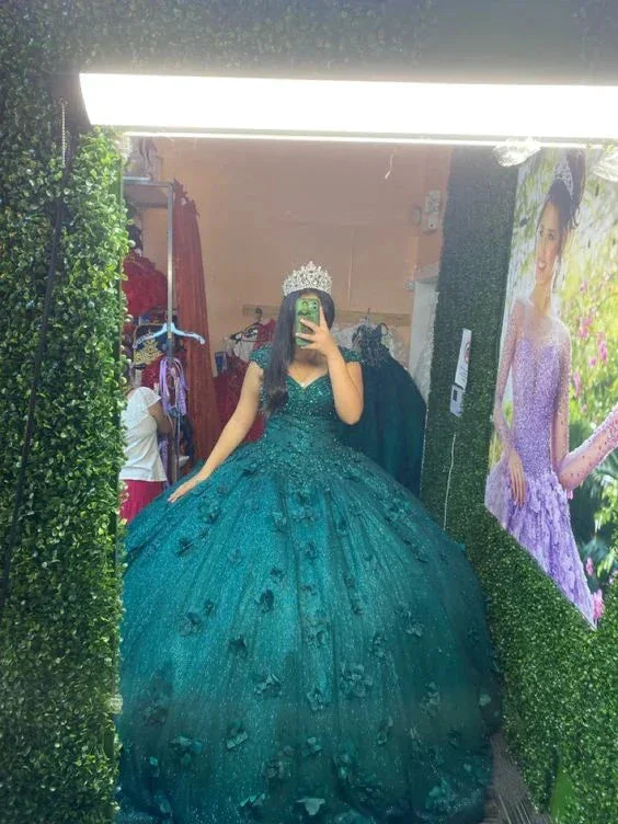 Emerald 3D Flowers Quinceanera Dress Sweet 15 16 Party Ball Gown Y6073 - Image 2