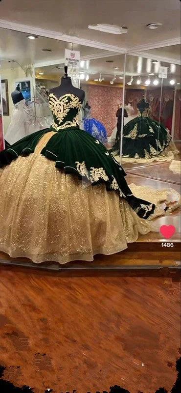 Emerald Green and Gold Quince Dress Stunning Ball Gown Y294 - Image 2