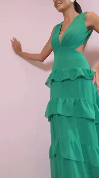 Emerald Green Deep V Neck Layered Ruffles Evening Dress Backless Long Prom Dress Y8386 - Image 4