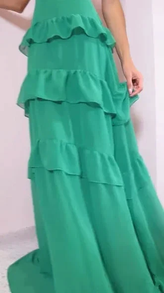 Emerald Green Deep V Neck Layered Ruffles Evening Dress Backless Long Prom Dress Y8386 - Image 8