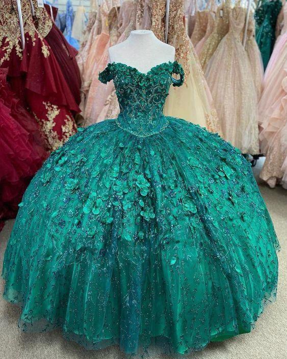 Emerald Green Hand Beaded Flower Ball Gown Quinceanera Dress Off Shoulder Sweetheart Gown Y293 - Image 2