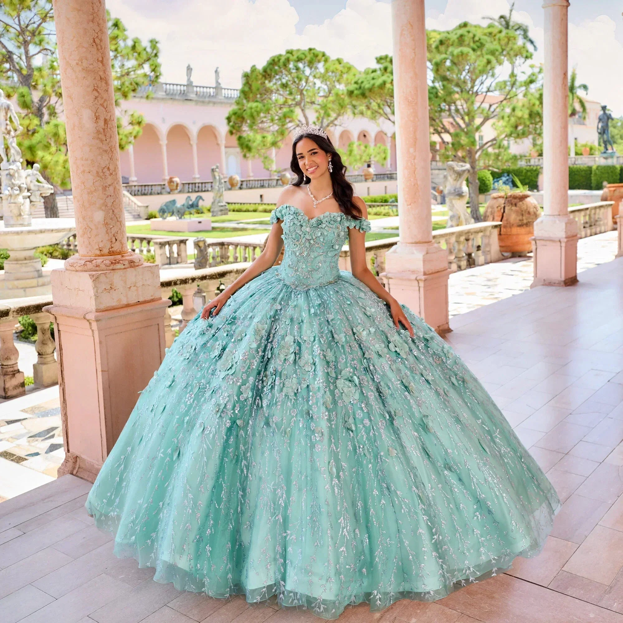 Emerald Green Hand Beaded Flower Ball Gown Quinceanera Dress Off Shoulder Sweetheart Gown Y293 - Image 5