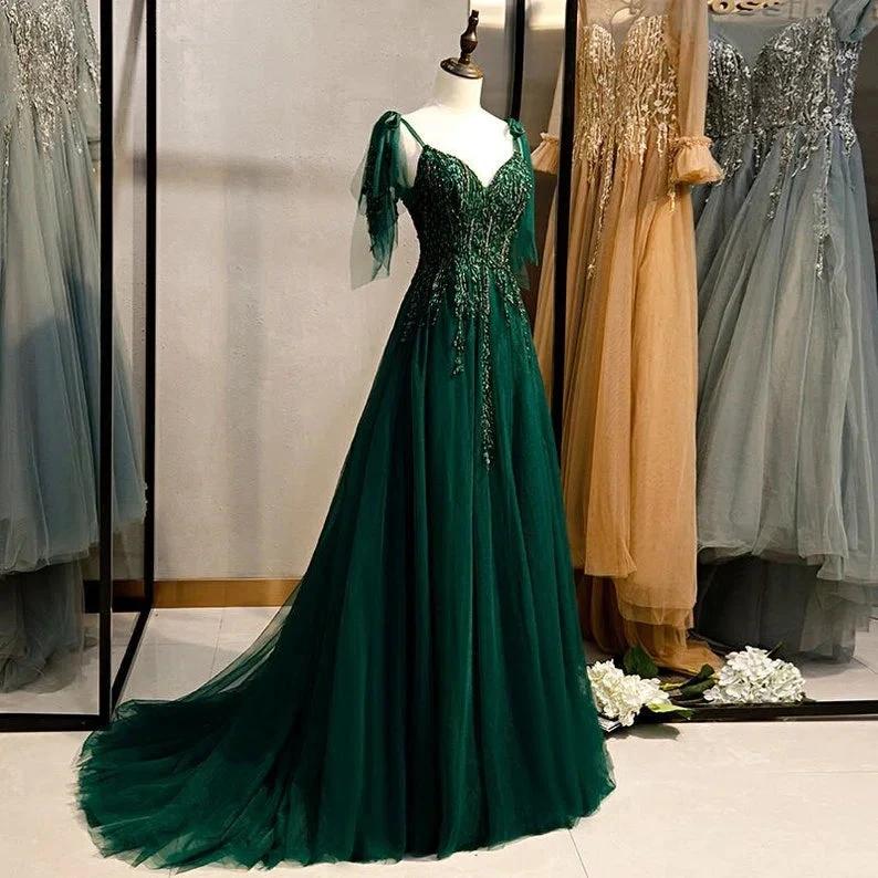 Emerald Green Spaghetti Straps Prom Dress Ball Gown V-Neck S11037 - Image 4