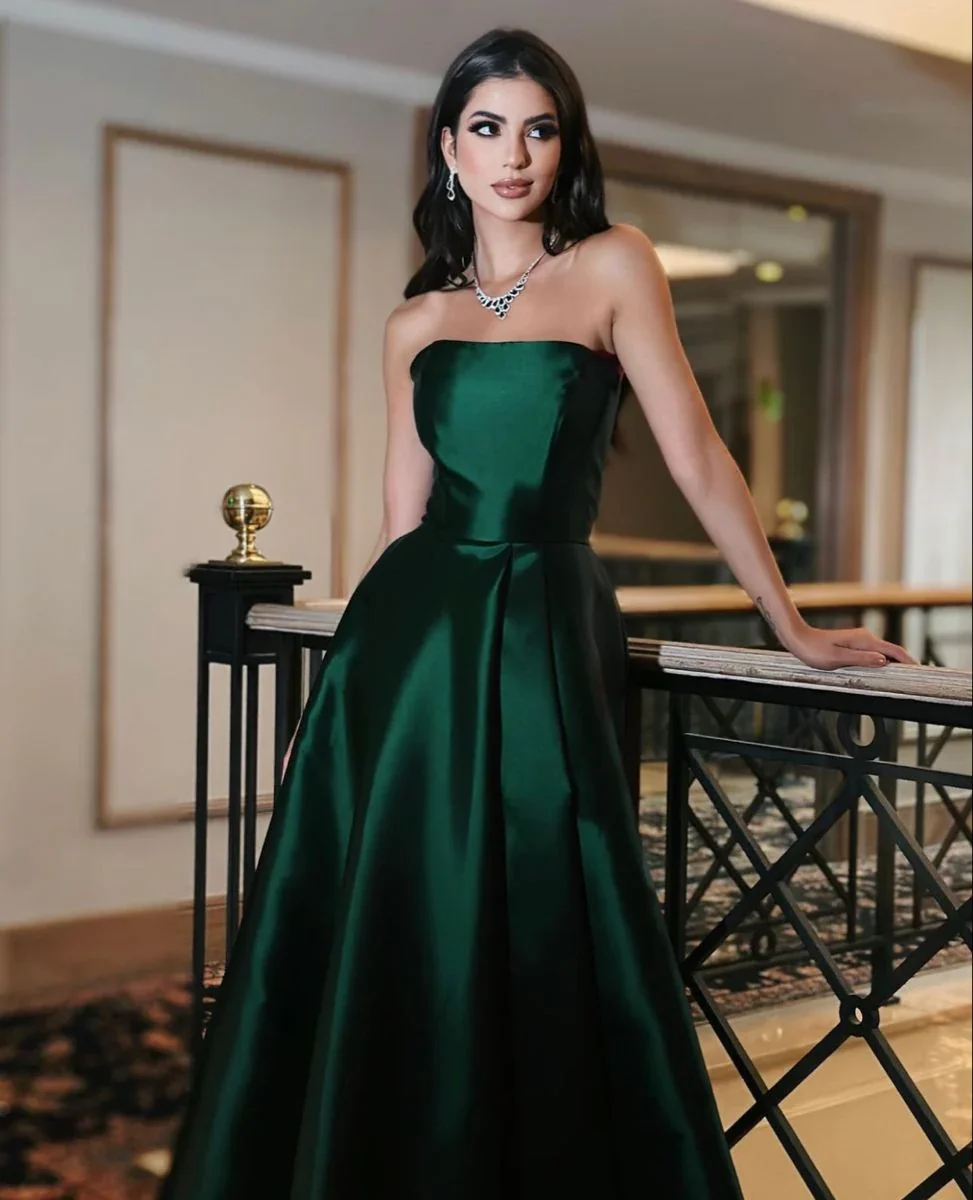 Emerald Green Strapless A-line Evening Dress Emerald Green Satin Formal Dress Y5372 - Image 2
