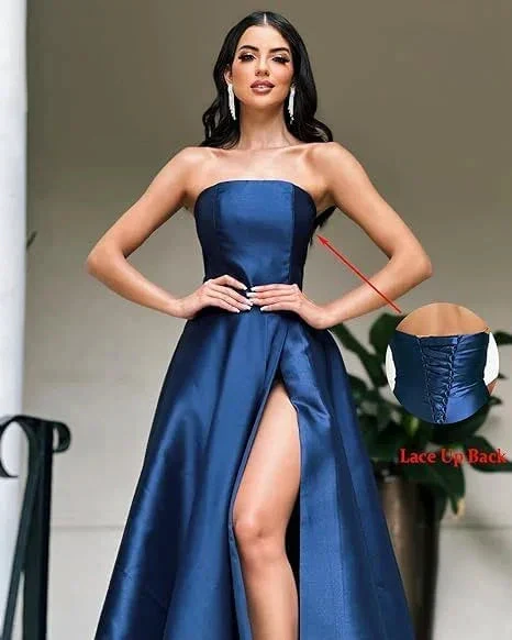 Emerald Green Strapless A-line Evening Dress Emerald Green Satin Formal Dress Y5372 - Image 3