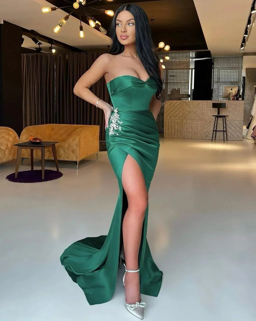 Emerald Green Strapless Sweetheart  Mermaid Prom Dress Split with Rhinestones - Image 2