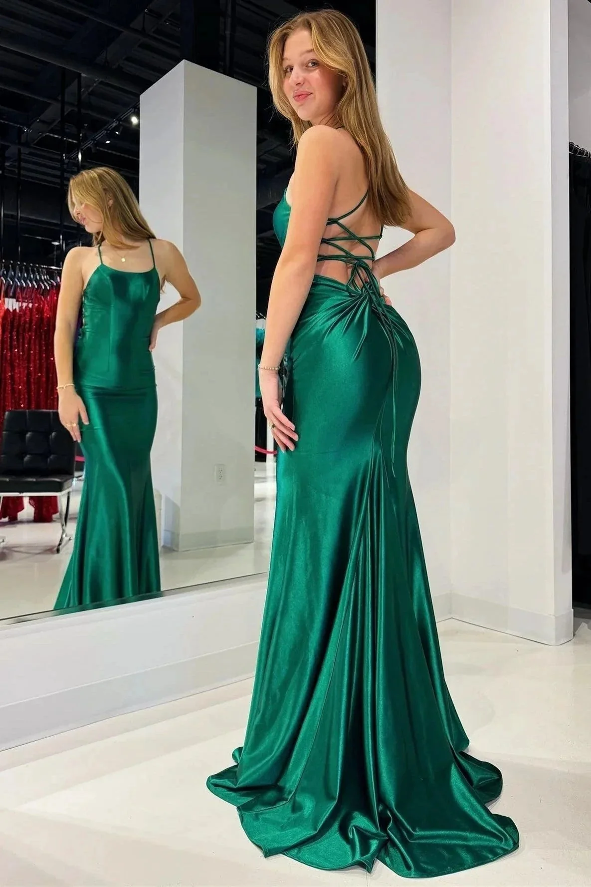 Emerald Scoop Neck Lace-Up Mermaid Long Prom Gown - Image 2