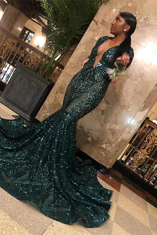 Emerald V-Neck Long Sleeves Sequins Lace Prom Dress Mermaid - Image 2
