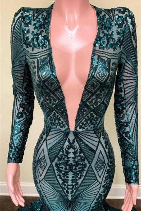 Emerald V-Neck Long Sleeves Sequins Lace Prom Dress Mermaid - Image 3