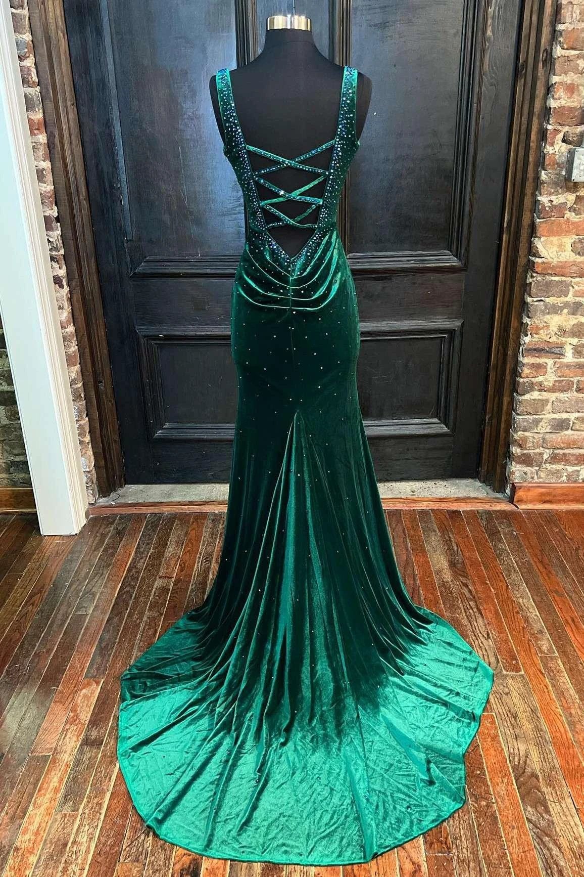Emerald Velvet V-Neck Cutout Back Mermaid Long Formal Dress - Image 2