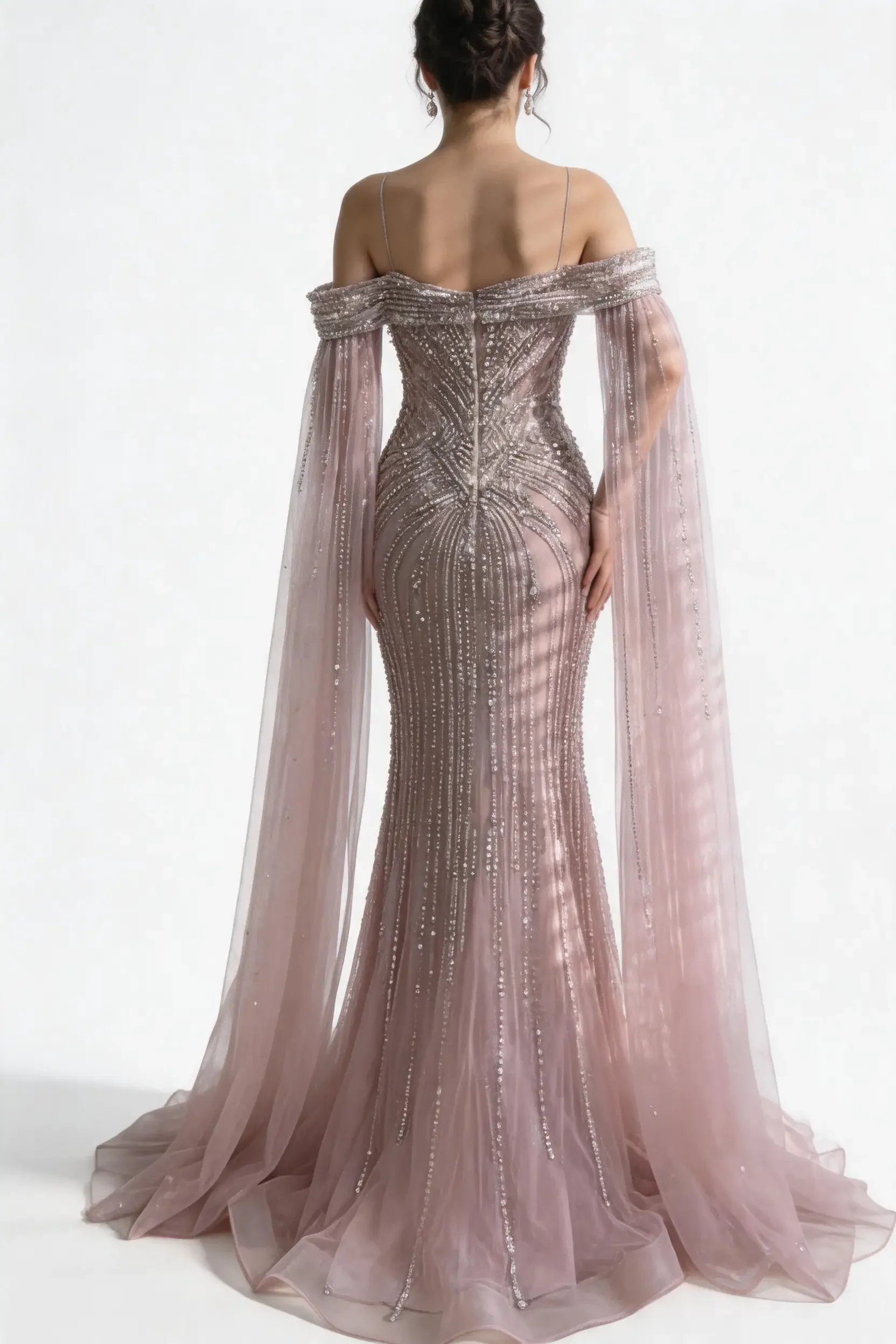 Blush Pink Beaded Off-Shoulder Mermaid Evening Gown with Sheer Cape Sleeves - Image 3