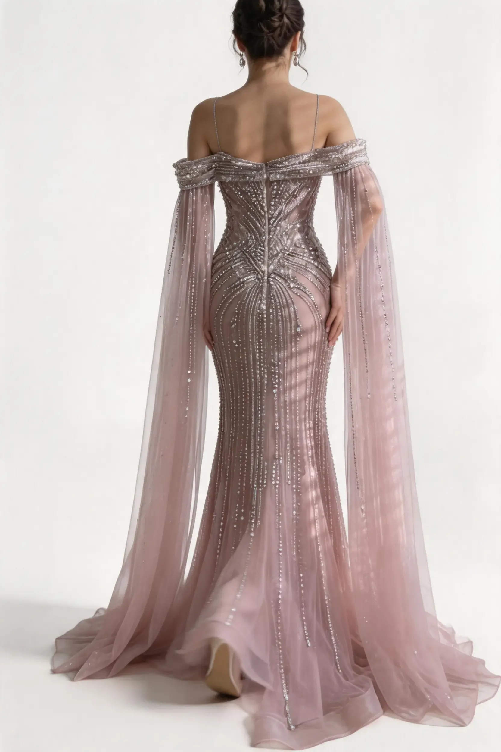 Blush Pink Beaded Off-Shoulder Mermaid Evening Gown with Sheer Cape Sleeves - Image 4