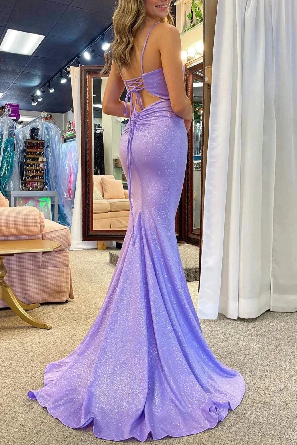 Ency | Glitter Lavender Beaded Lace-Up Mermaid Long Gown - Image 2