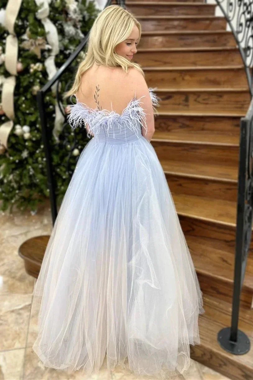 Enid | Blue and White Ombre Feathers Strapless A-Line Long Prom Dress - Image 2