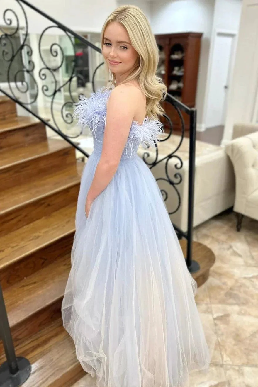 Enid | Blue and White Ombre Feathers Strapless A-Line Long Prom Dress - Image 3