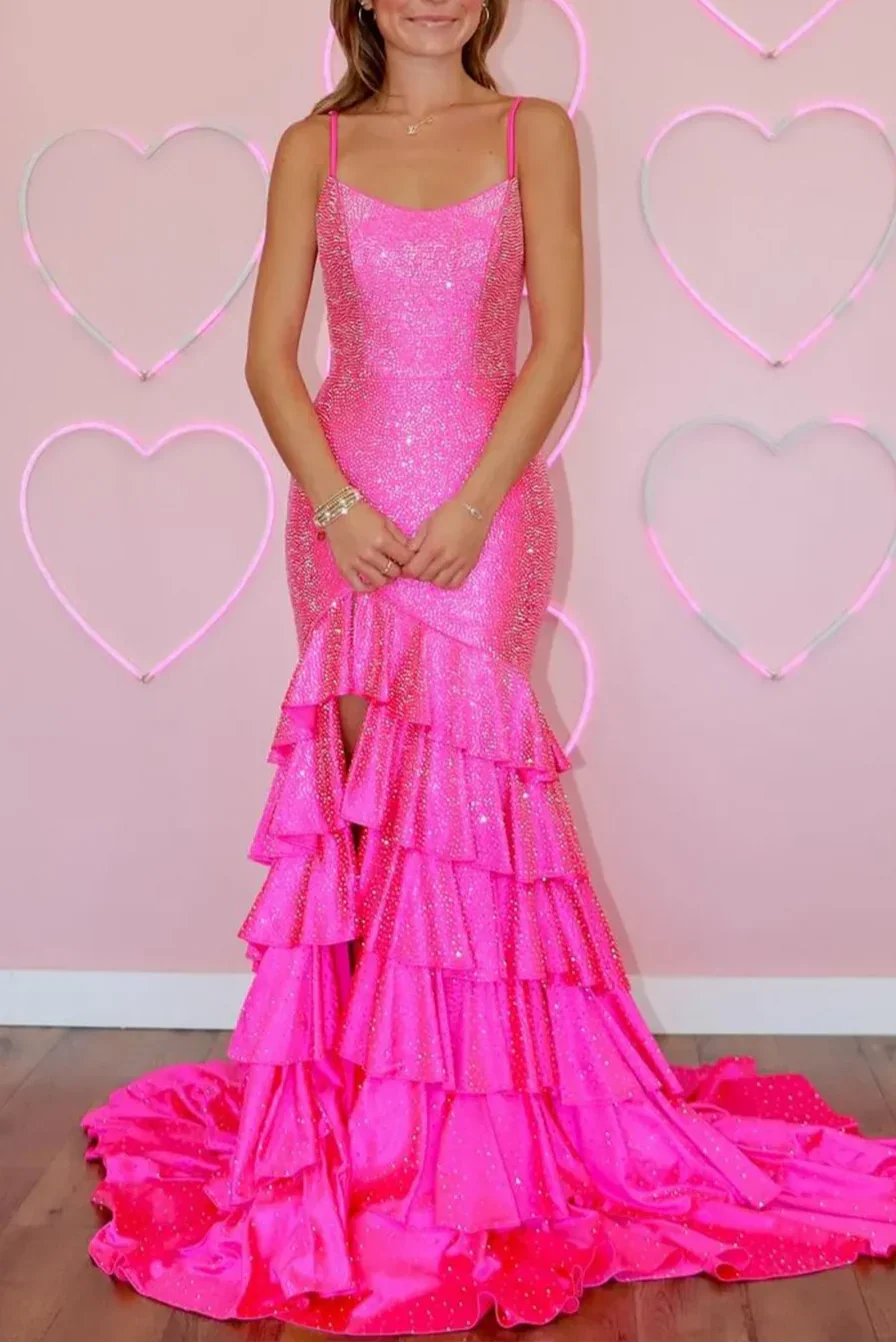 Enolia | Mermaid Spaghetti Straps Rhinestone Ruffles Long Prom Dress with Slit - Image 3